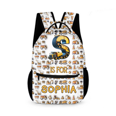 Construction Vehicle - Personalized First Letter Customized Boy Backpack - School Season Gift for Boys