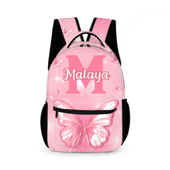 Pink Butterfly Pattern Name Customized Initials Customized Girl's Backpack - School Season Gift for Girls