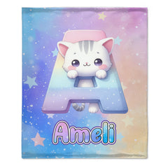 Custom Cat Blanket with Name - Personalized Kids Initial Throw - Gift for Daughter Son Birthday - SDG
