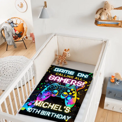 Custom Gaming Party Blanket– Personalized Level Up Birthday Throw – Gift for Boys & Girls