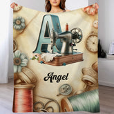🧵Love Sewing Custom Blanket - Personalized Initial and Name - Gift for Sewing Enthusiast, Mom, Grandma