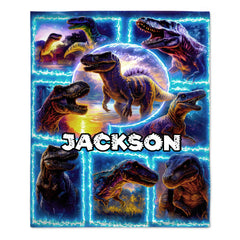 Customized Dinosaur Blue Flame Splice Print Blanket - Personalized Name - Gifts For Kids, Dinosaur Lovers
