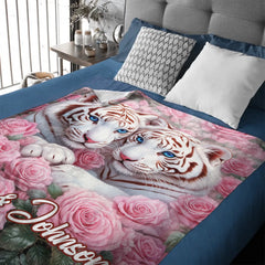 Blossoming Roses & White Tigers Customized Blanket – Personalized Name - Gift For Animal Lovers