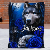 Dark Night Rose Flower Wolf Custom Blanket - Personalized Name - Gift For Friends, Wolf Lovers