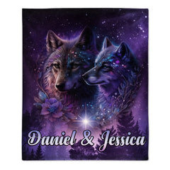 Galaxy Night Wolf Art Customized Blanket - Personalized Name - Gift For Wolf Lovers