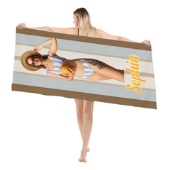 Personalized Multicolor Striped Photo Beach Towel - Custom Name Quick Dry Oversized Towel - Birthday Gift For Family & Pet Lovers