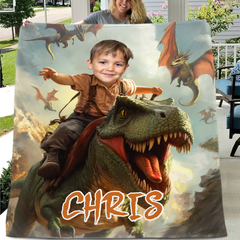 Custom Dinosaur Blankets Personalized Boy Riding Dinosaur Blanket - SDG