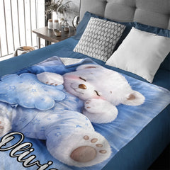 Adorable White Bear Custom Blanket – Personalized Name - Gift For Bear Lover, Children, Kids