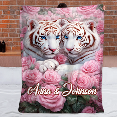 Blossoming Roses & White Tigers Customized Blanket –  Personalized Name - Gift For Animal Lovers
