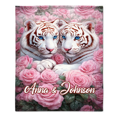 Blossoming Roses & White Tigers Customized Blanket –  Personalized Name - Gift For Animal Lovers