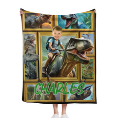 Customized Dinosaur Blanket - Personalized Name and Photo Riding Dinosaur Themed Flannel Blanket - A Gift For Children,Boy,Classmate - SDG