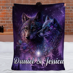 Galaxy Night Wolf Art Customized Blanket - Personalized Name - Gift For Wolf Lovers