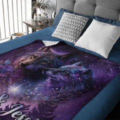 Galaxy Night Wolf Art Customized Blanket - Personalized Name - Gift For Wolf Lovers