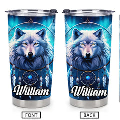 Personalized Mystic Wolf Dreamcatcher Thermos Cup – Custom Name Blue Wolf Design – Gift For Wolf Lovers